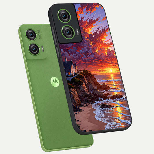  Sunset House By Sea phone case For Moto Edge 50 Fusion showing premium glass back cover with detailed artwork