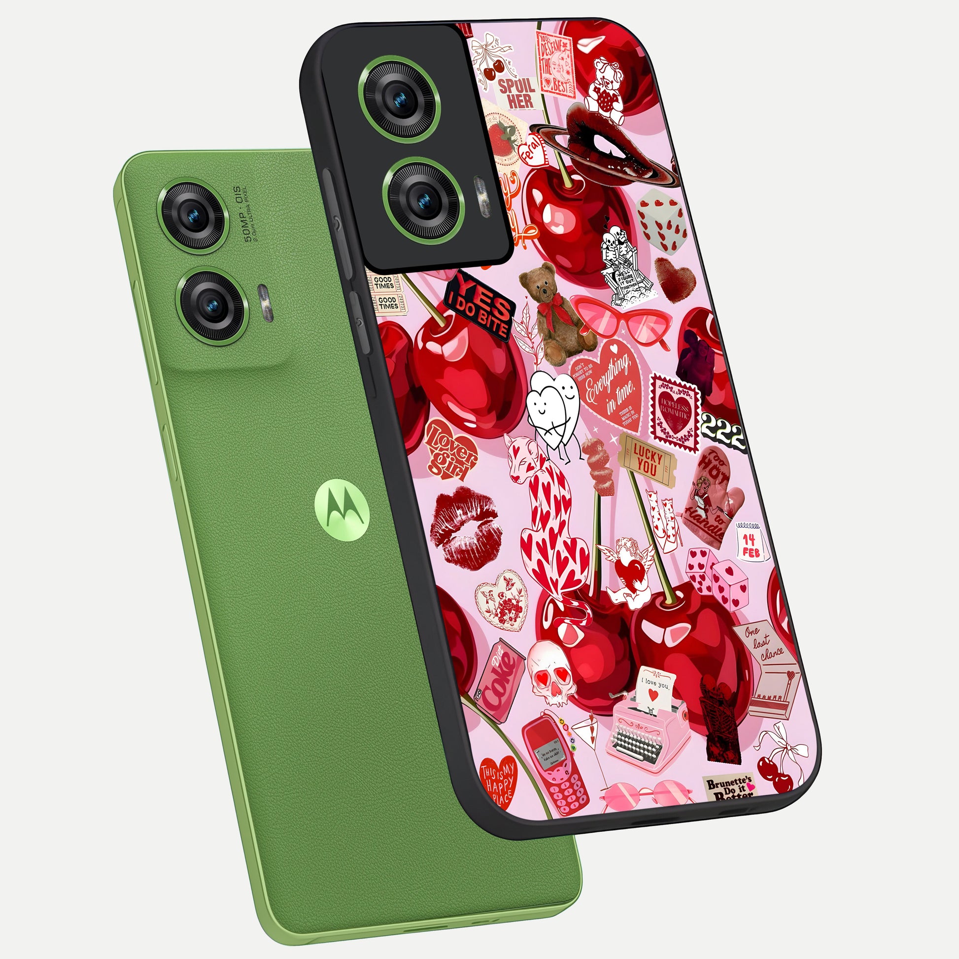  Sweet Cherry Chaos phone case For Moto Edge 50 Fusion showing premium glass back cover with detailed artwork