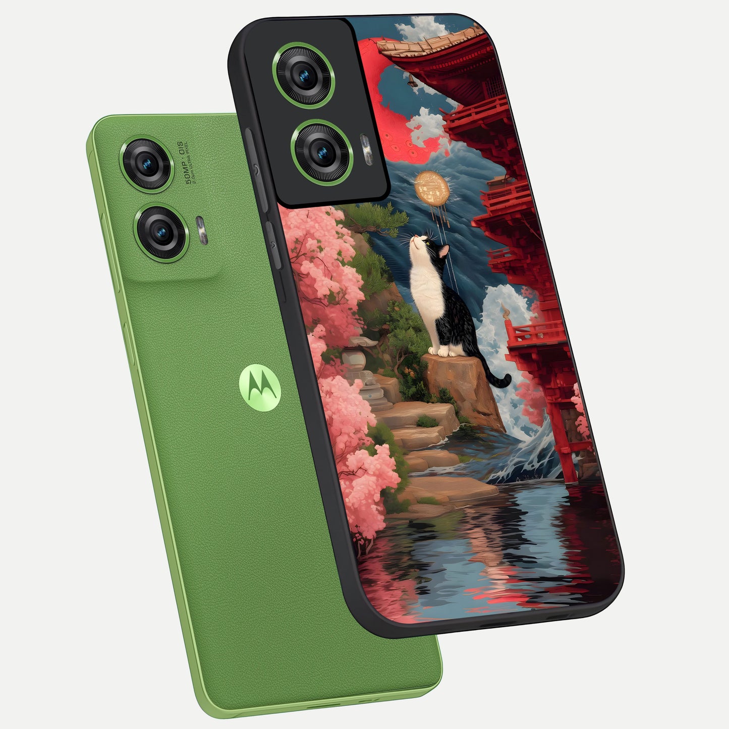  Temple Cat Scenery phone case For Moto Edge 50 Fusion showing premium glass back cover with detailed artwork