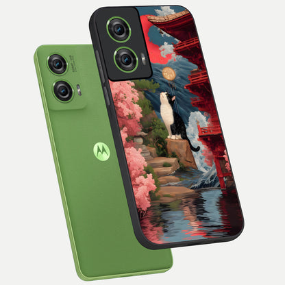  Temple Cat Scenery phone case For Moto Edge 50 Fusion showing premium glass back cover with detailed artwork