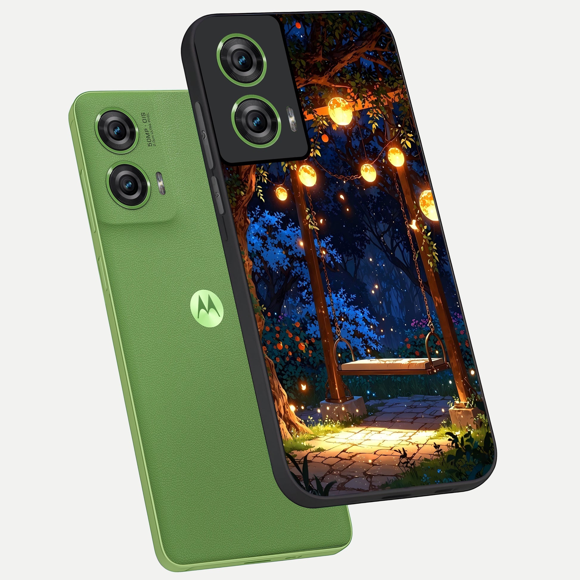  Twilight Garden Swing phone case For Moto Edge 50 Fusion showing premium glass back cover with detailed artwork