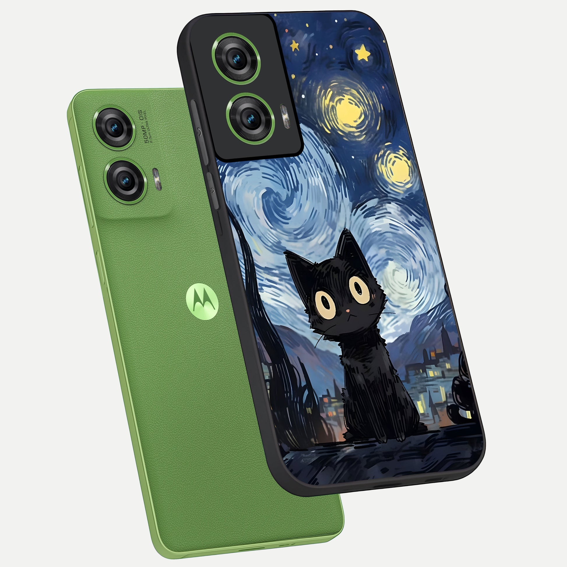  Van Gogh Cat phone case For Moto Edge 50 Fusion showing premium glass back cover with detailed artwork