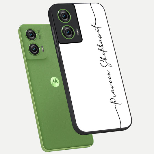  White Tune Custom Name phone case For Moto Edge 50 Fusion showing premium custom name glass back cover