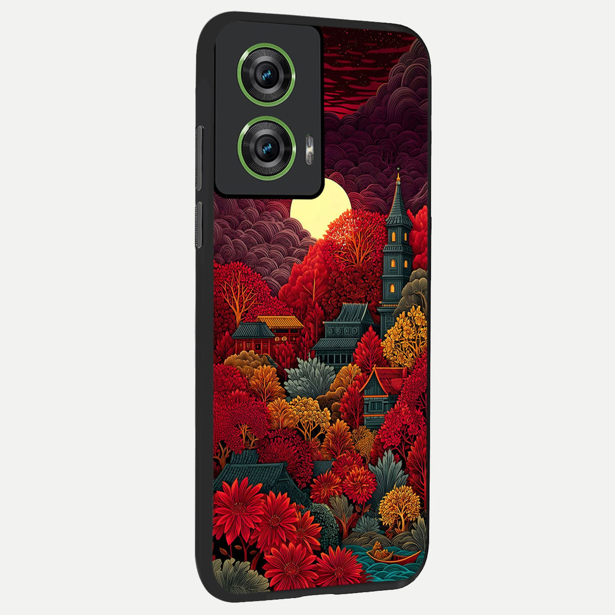  Scarlet Autumn Temple back cover For Moto Edge 50 Fusion slim fit glass case with vibrant aesthetic design