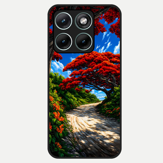  Red Trees Pathway Glass Case For Moto Edge 70 Fusion back cover – full design glossy printed glass finish