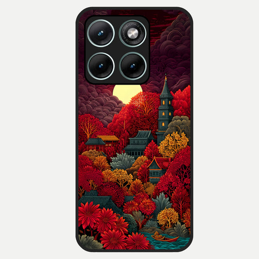  Scarlet Autumn Temple Glass Case For Moto Edge 70 Fusion back cover – full design glossy printed glass finish