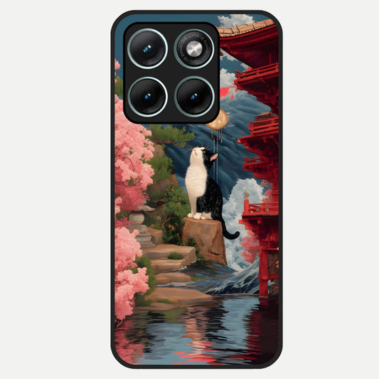  Temple Cat Scenery Glass Case For Moto Edge 70 Fusion back cover – full design glossy printed glass finish