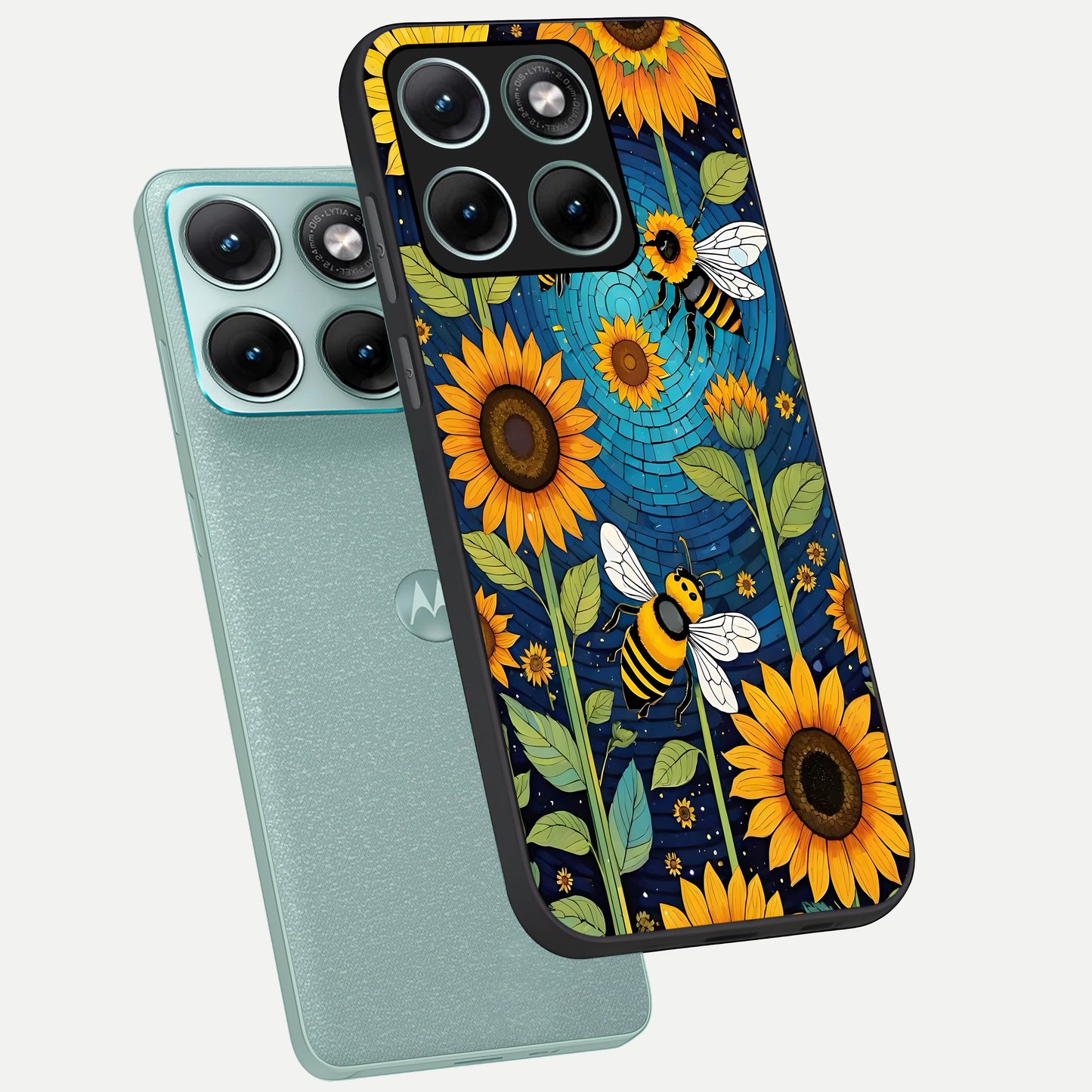  Bees And Sunflowers phone case For Moto Edge 70 Fusion showing premium glass back cover with detailed artwork