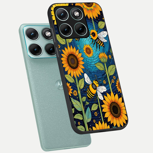  Bees And Sunflowers phone case For Moto Edge 70 Fusion showing premium glass back cover with detailed artwork