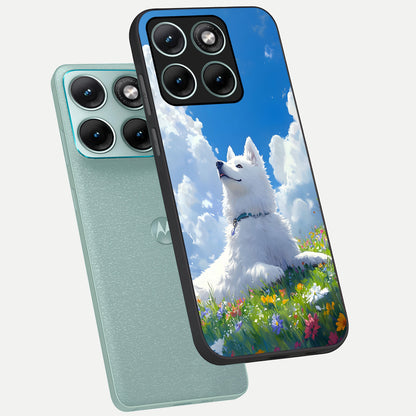  Blissful Cloud Pup phone case For Moto Edge 70 Fusion showing premium glass back cover with detailed artwork