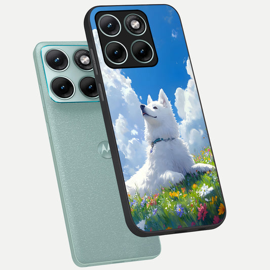  Blissful Cloud Pup phone case For Moto Edge 70 Fusion showing premium glass back cover with detailed artwork