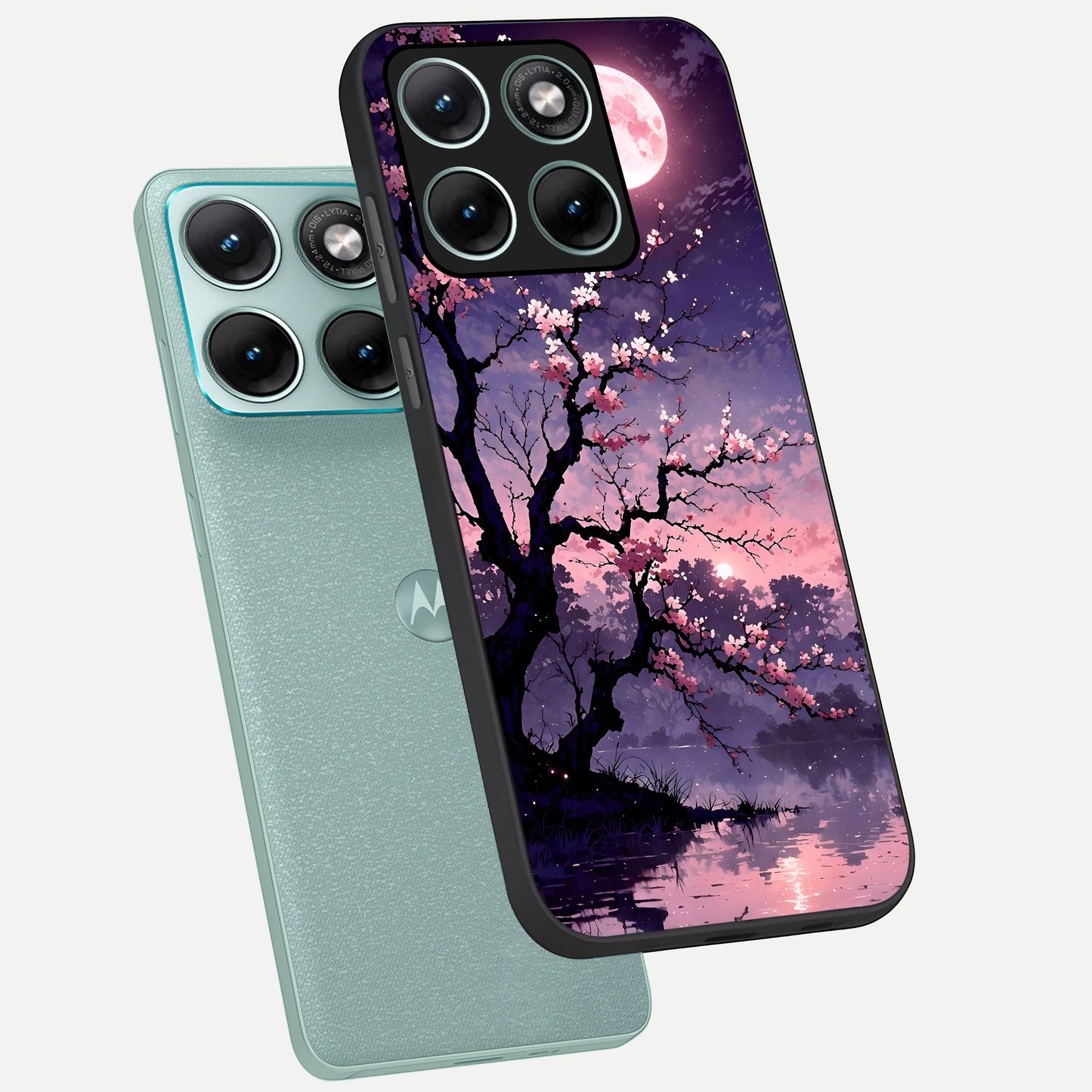  Blossom Pink Moon phone case For Moto Edge 70 Fusion showing premium glass back cover with detailed artwork