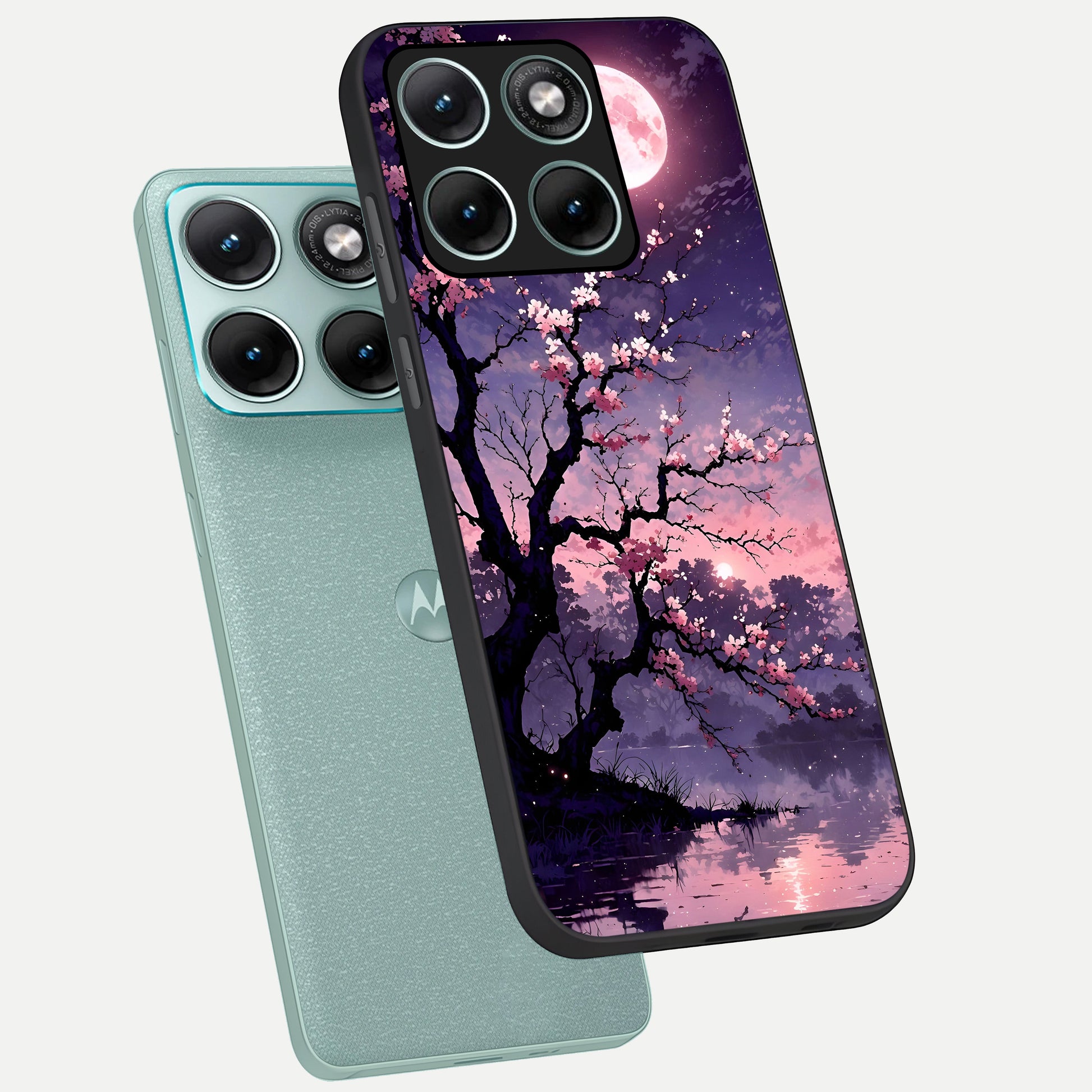  Blossom Pink Moon phone case For Moto Edge 70 Fusion showing premium glass back cover with detailed artwork