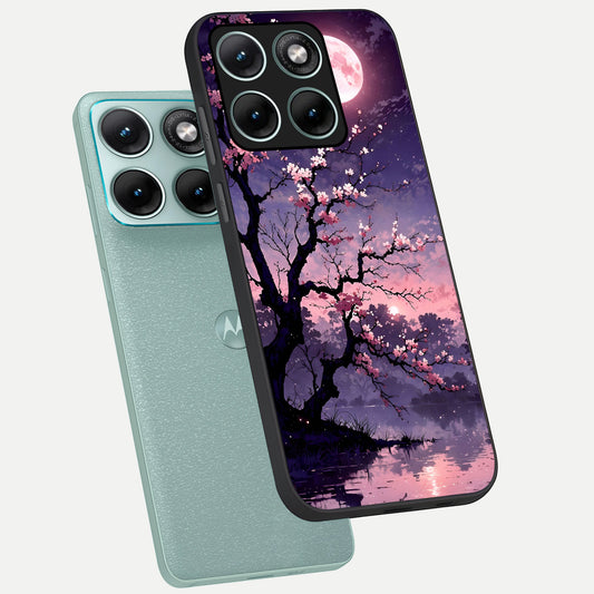 Blossom Pink Moon phone case For Moto Edge 70 Fusion showing premium glass back cover with detailed artwork