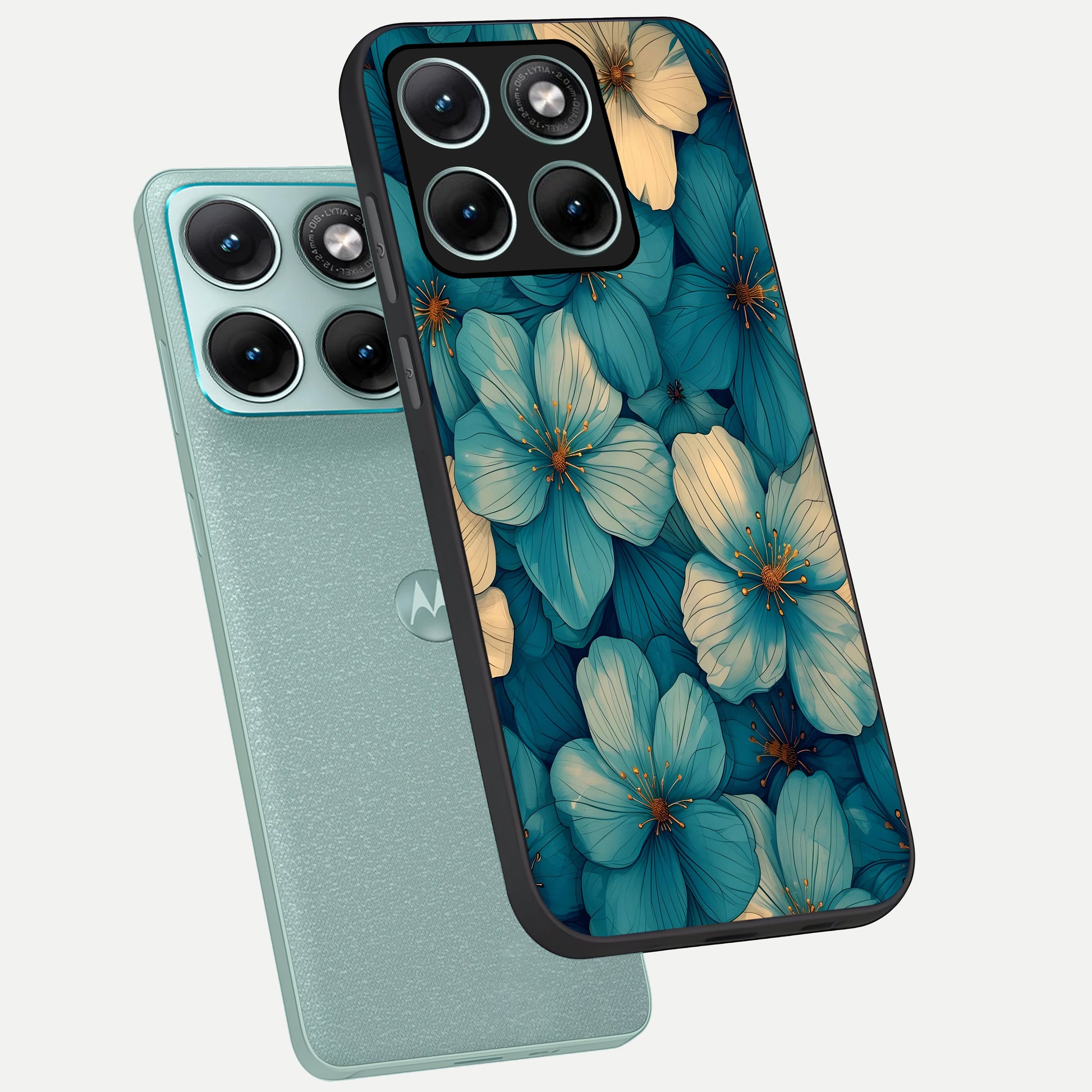  Blue Shade Floral phone case For Moto Edge 70 Fusion showing premium glass back cover with detailed artwork