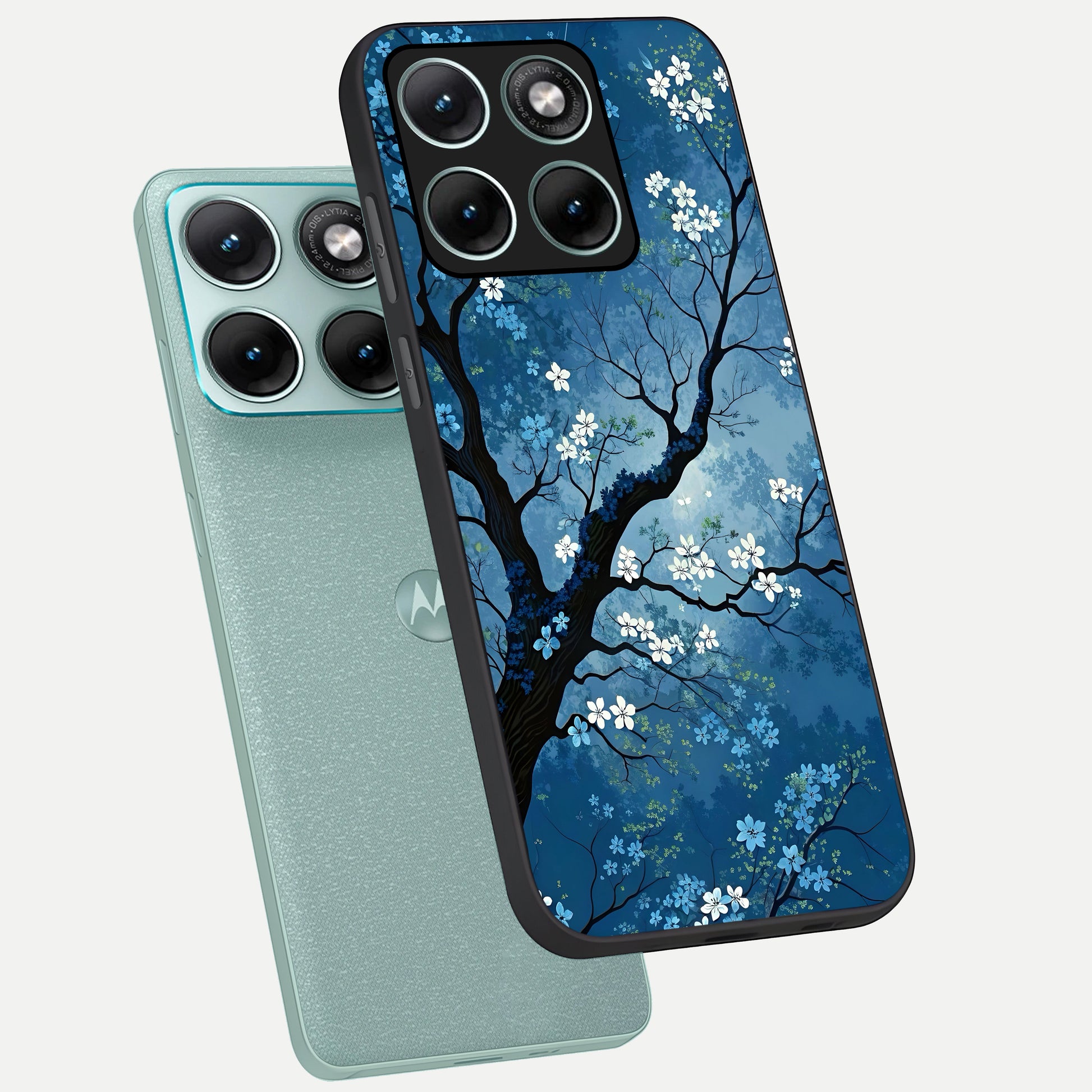  Blue Tree Serenity phone case For Moto Edge 70 Fusion showing premium glass back cover with detailed artwork