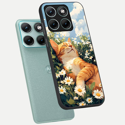  Cat And Flowers View phone case For Moto Edge 70 Fusion showing premium glass back cover with detailed artwork