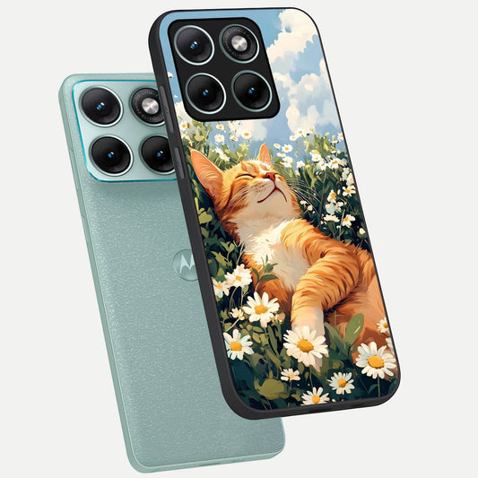  Cat And Flowers View phone case For Moto Edge 70 Fusion showing premium glass back cover with detailed artwork