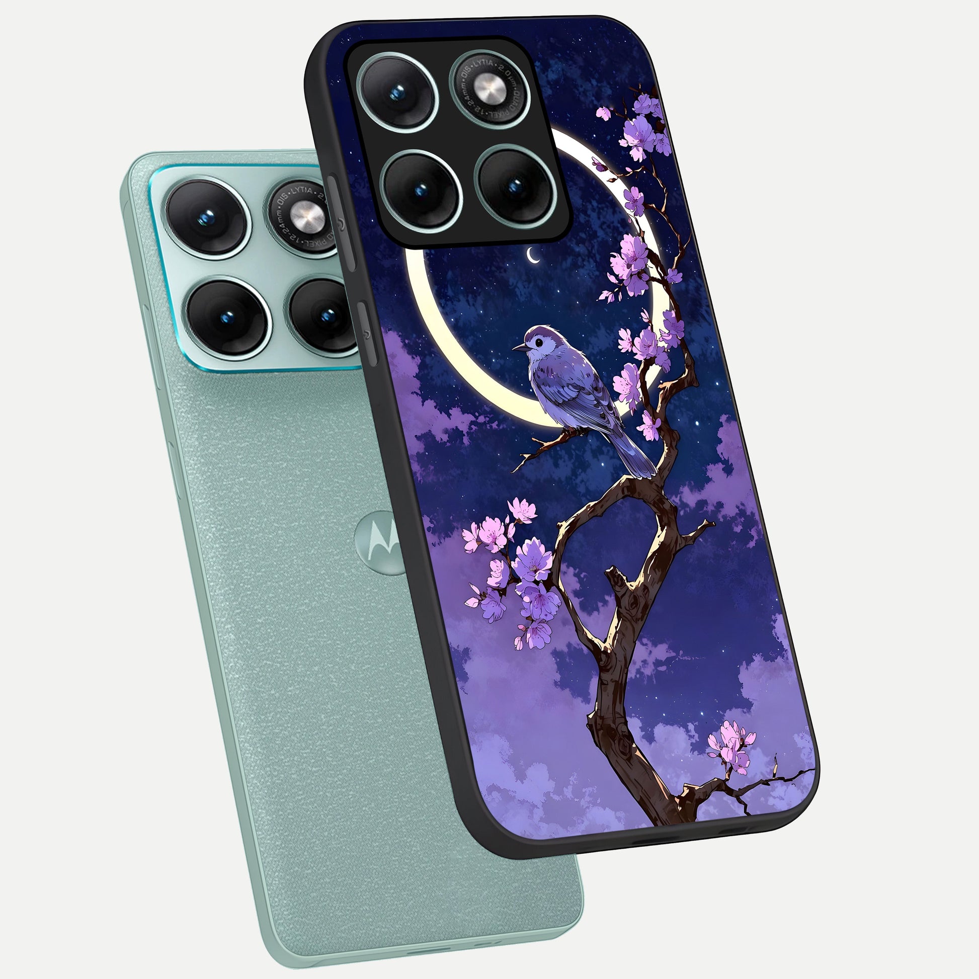  Celestial Bird Blossom phone case For Moto Edge 70 Fusion showing premium glass back cover with detailed artwork