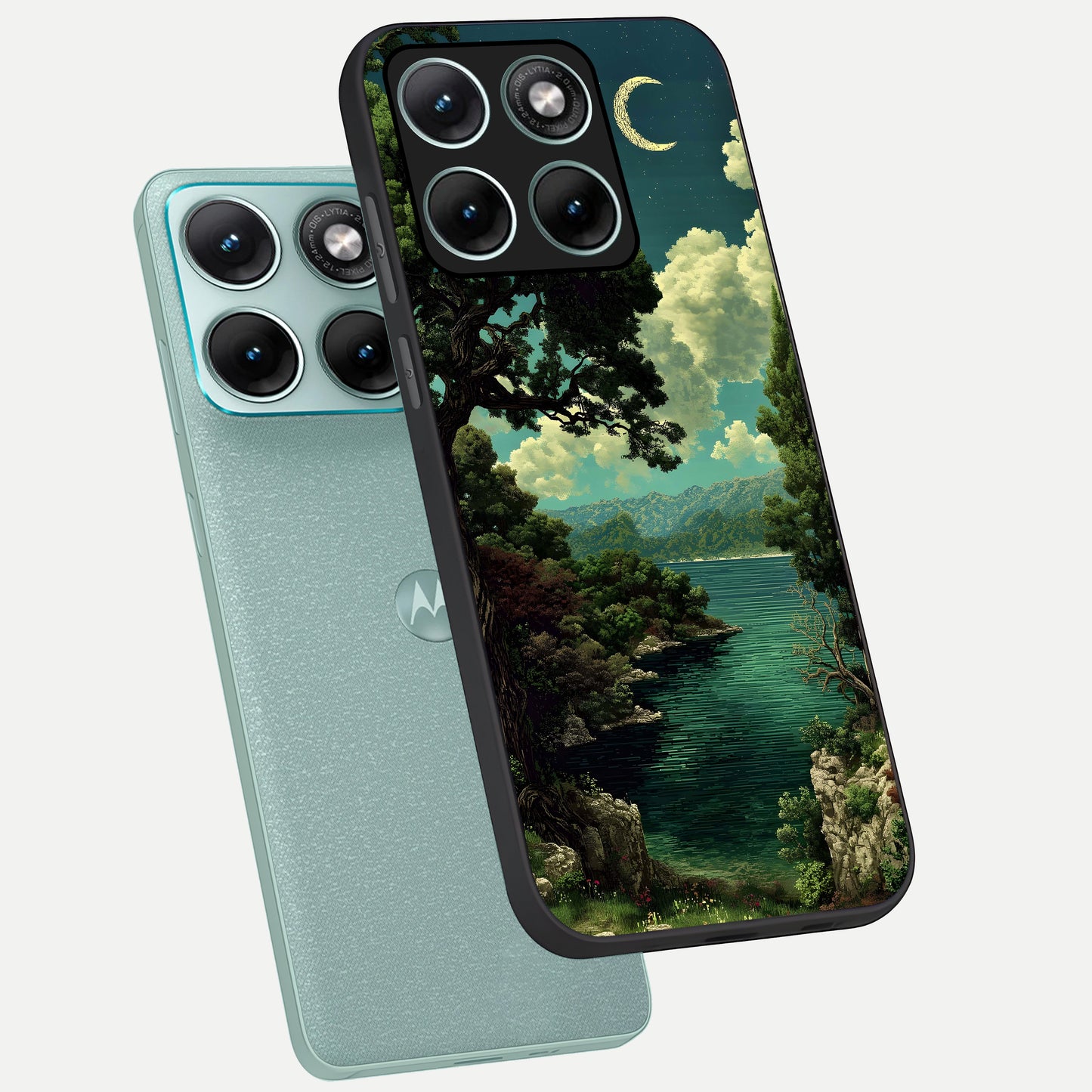  Celestial Lake Peace phone case For Moto Edge 70 Fusion showing premium glass back cover with detailed artwork