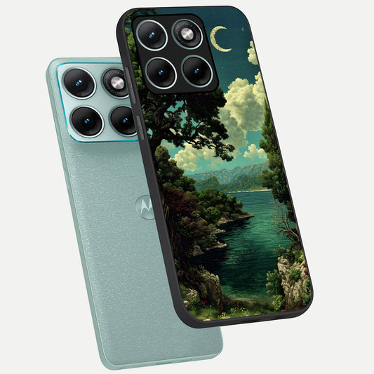  Celestial Lake Peace phone case For Moto Edge 70 Fusion showing premium glass back cover with detailed artwork