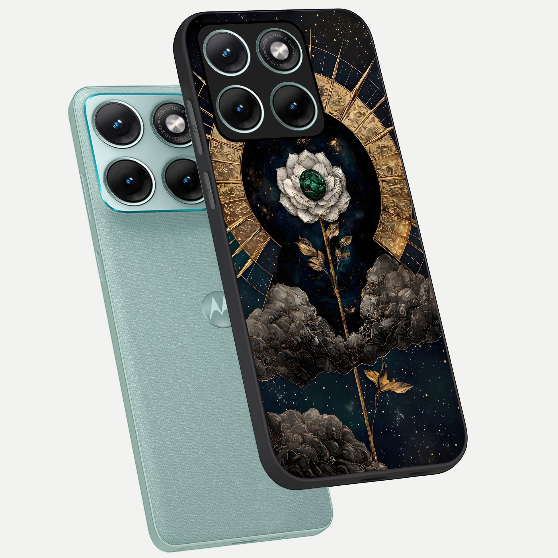  Celestial Lotus Morang phone case For Moto Edge 70 Fusion showing premium glass back cover with detailed artwork