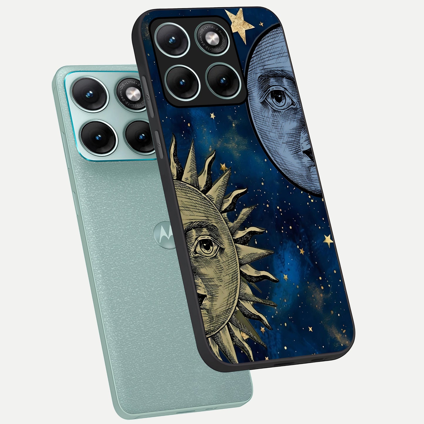  Celestial Moon With Sun phone case For Moto Edge 70 Fusion showing premium glass back cover with detailed artwork