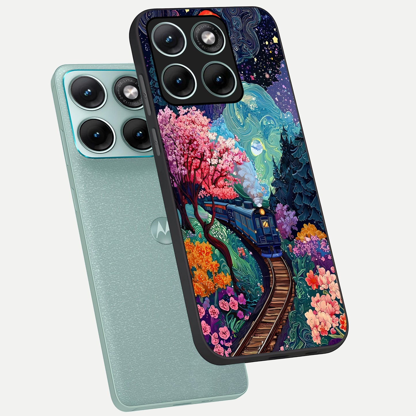  Celestial Train Journey phone case For Moto Edge 70 Fusion showing premium glass back cover with detailed artwork