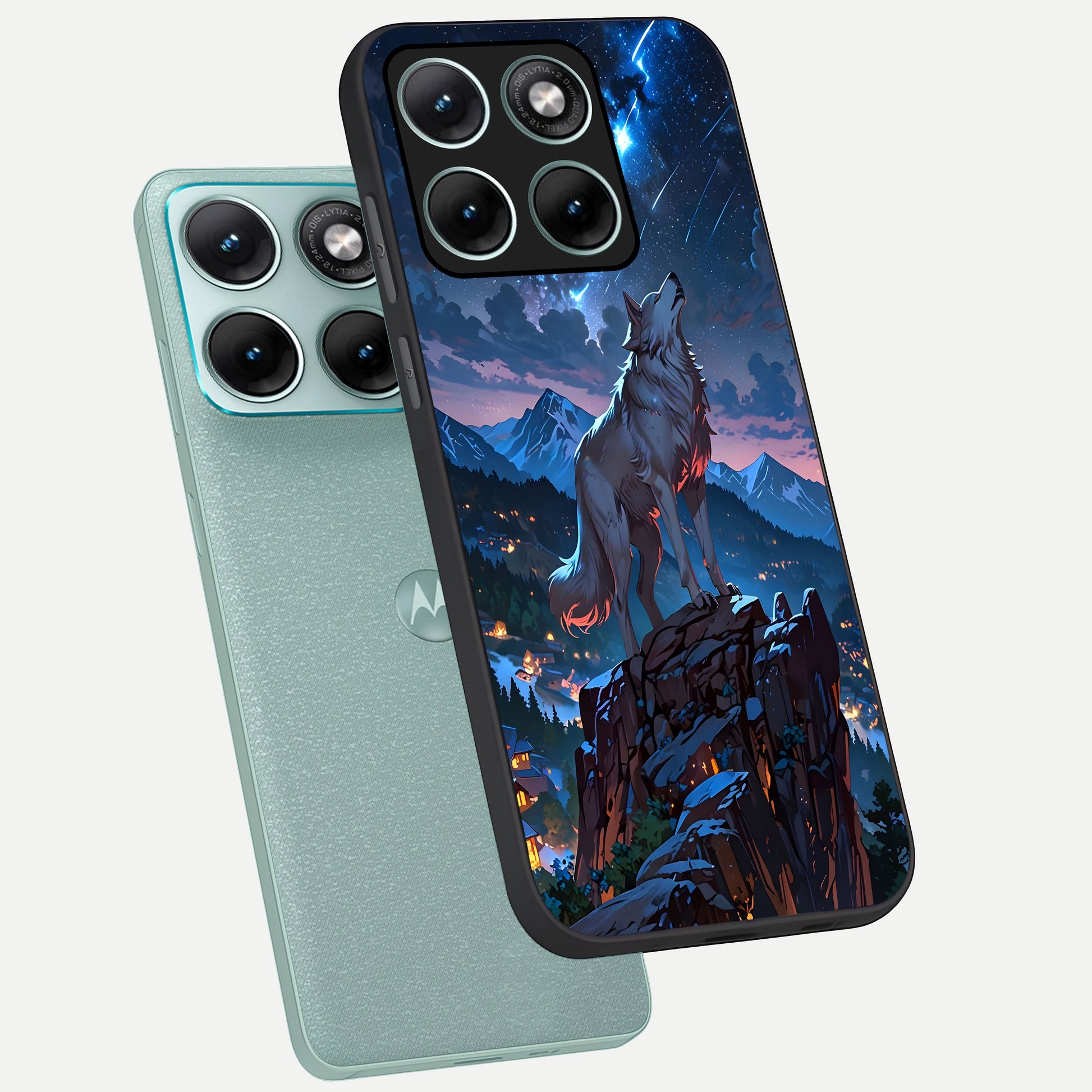  Celestial Wolf Howl phone case For Moto Edge 70 Fusion showing premium glass back cover with detailed artwork