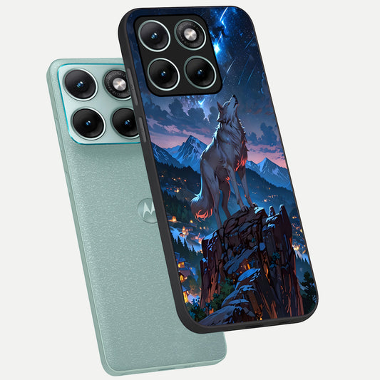  Celestial Wolf Howl phone case For Moto Edge 70 Fusion showing premium glass back cover with detailed artwork