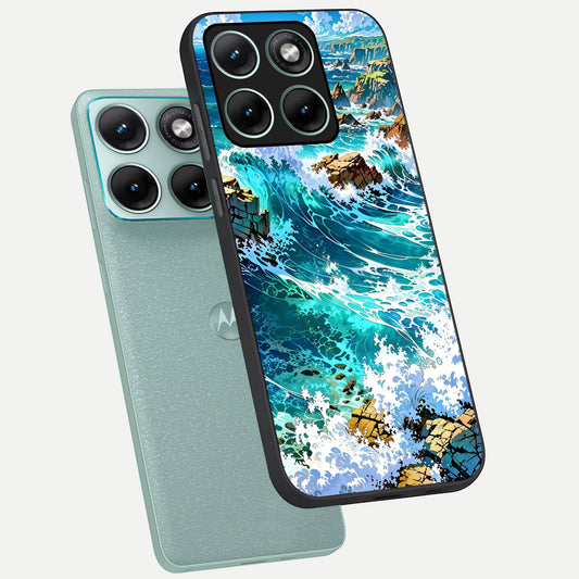  Coastal Blue Waves phone case For Moto Edge 70 Fusion showing premium glass back cover with detailed artwork