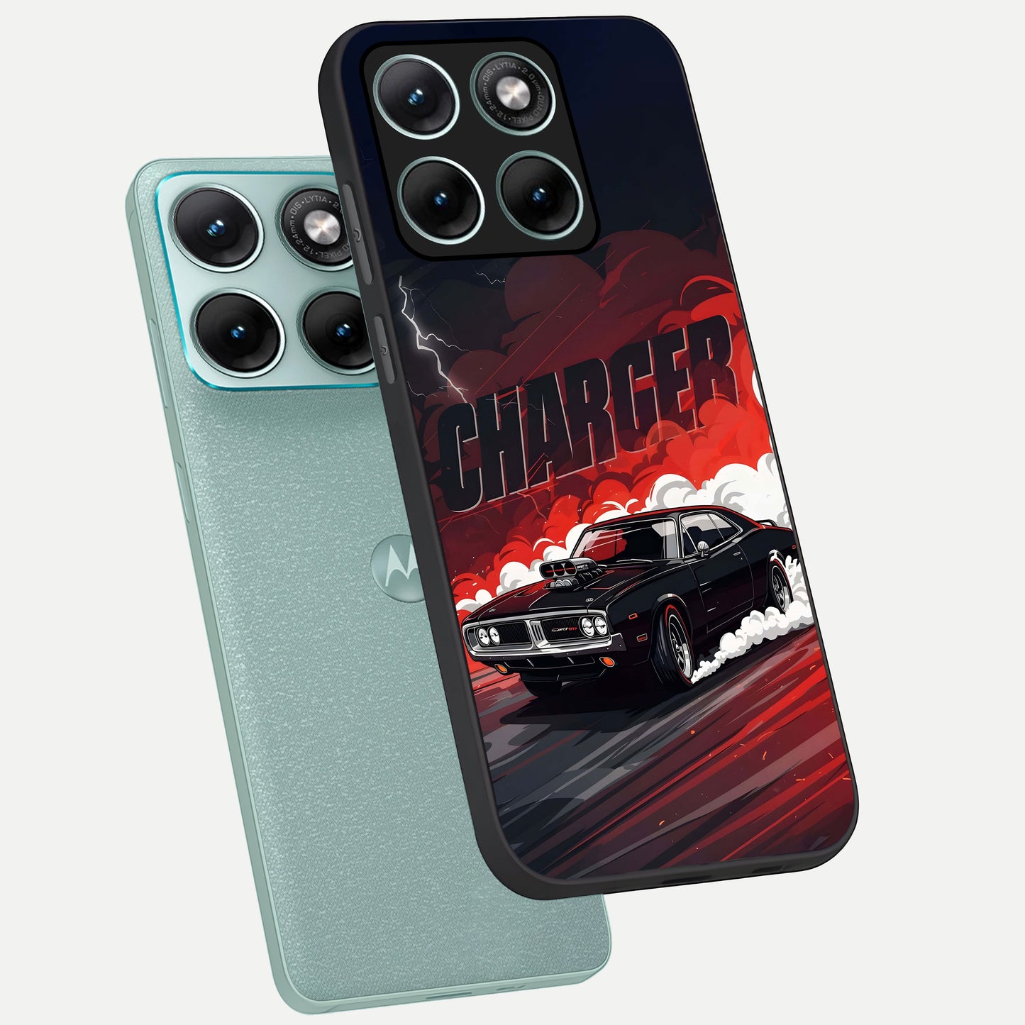  Dark Charger Fury phone case For Moto Edge 70 Fusion showing premium glass back cover with detailed artwork