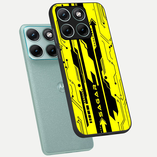  Electric Pulse CYBERPUNK Custom Name phone case For Moto Edge 70 Fusion showing premium glass back cover with detailed artwork
