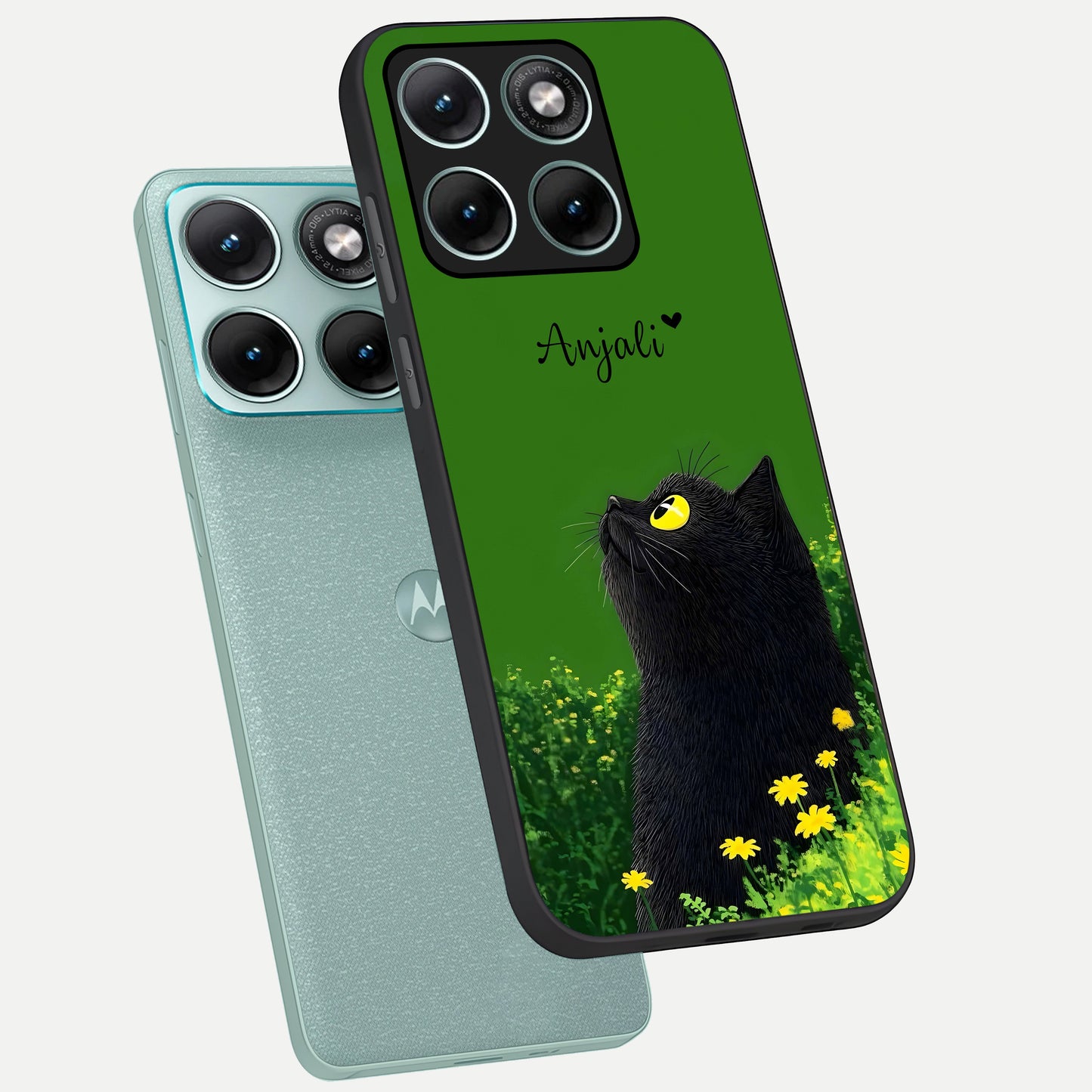  Emerald Cat Custom Name phone case For Moto Edge 70 Fusion showing premium glass back cover with detailed artwork