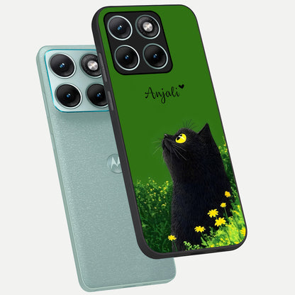  Emerald Cat Custom Name phone case For Moto Edge 70 Fusion showing premium glass back cover with detailed artwork