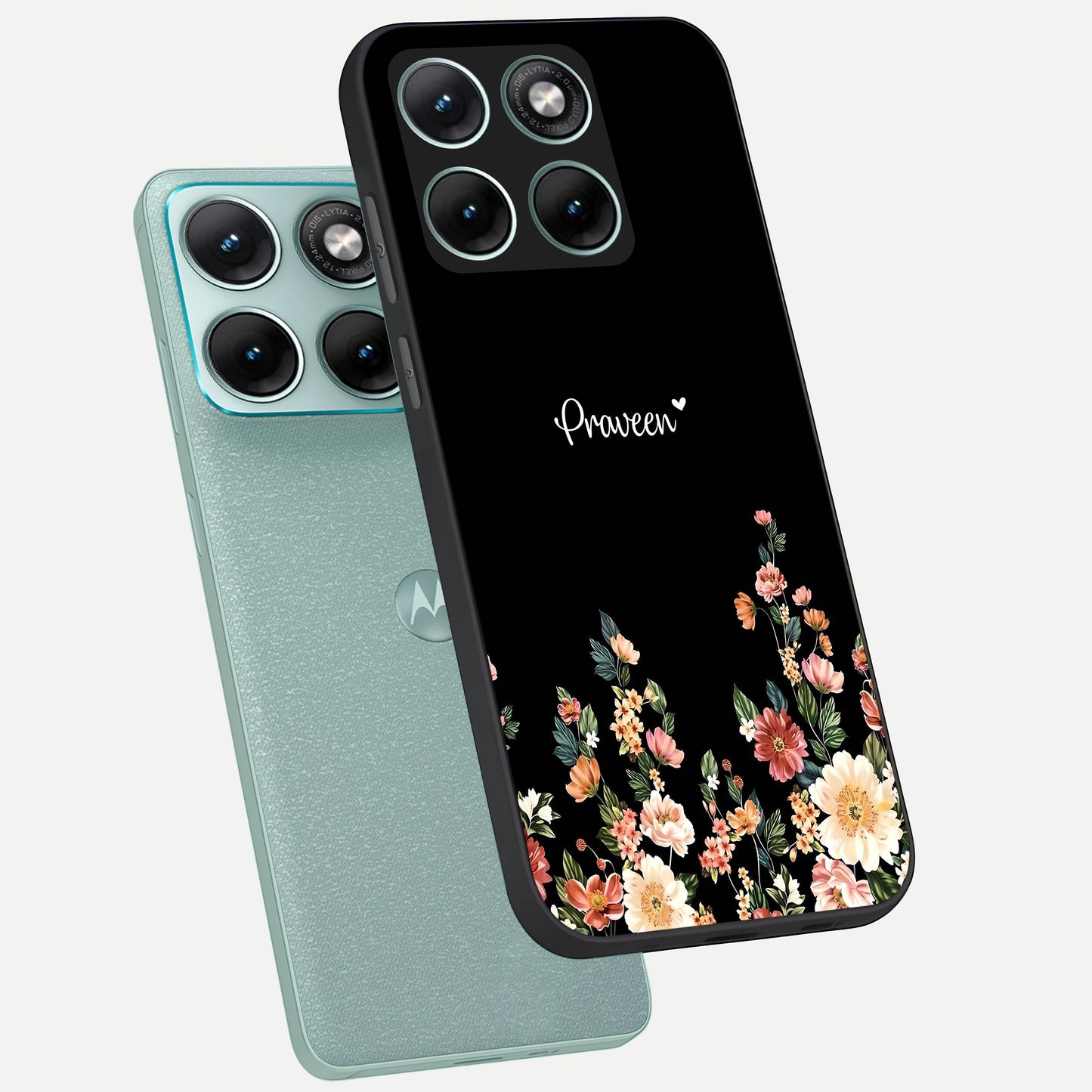  Floral Design Personalized Custom Name phone case For Moto Edge 70 Fusion showing premium glass back cover with detailed artwork