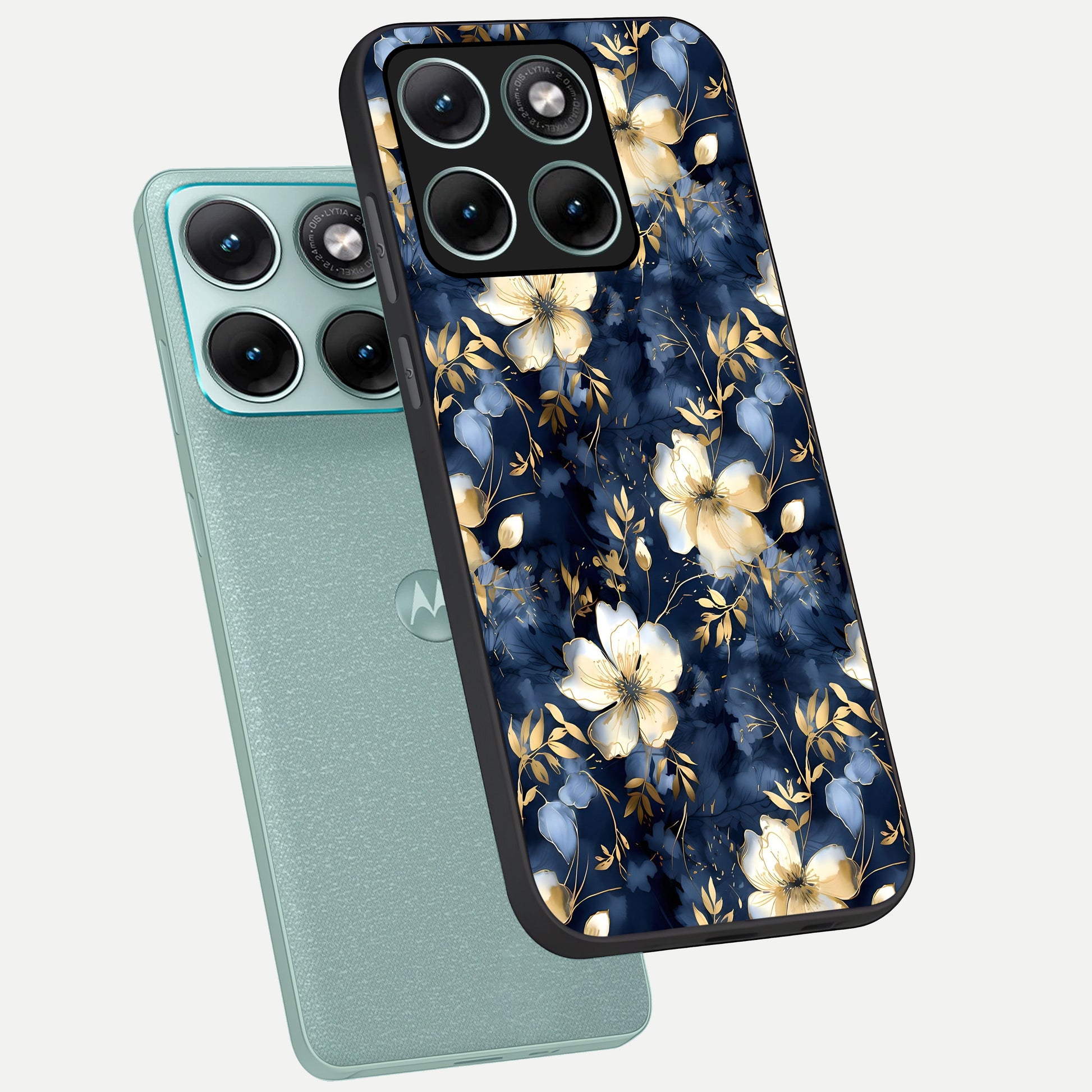  Golden Midnight Bloom phone case For Moto Edge 70 Fusion showing premium glass back cover with detailed artwork