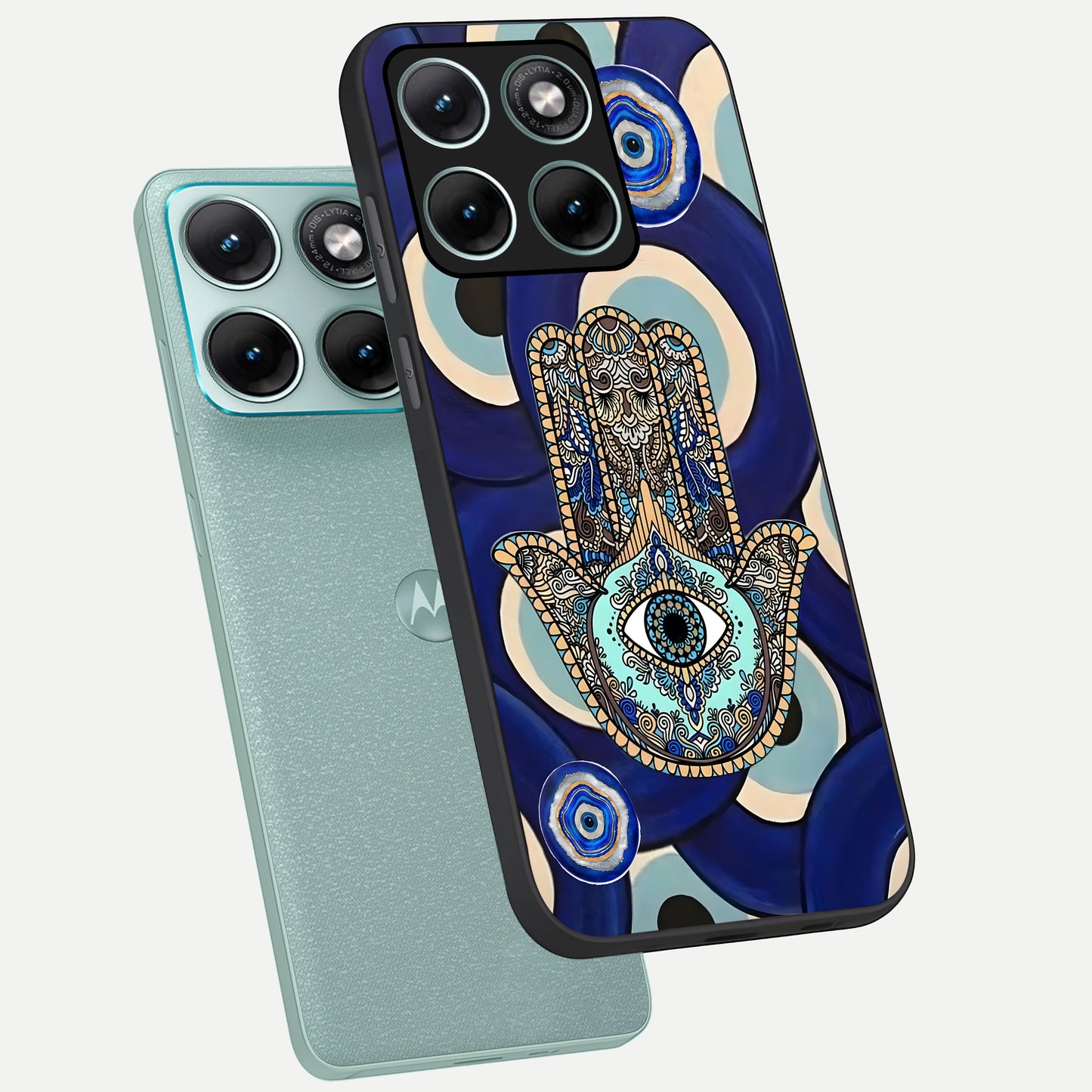  Hamsa Divine Guard phone case For Moto Edge 70 Fusion showing premium glass back cover with detailed artwork