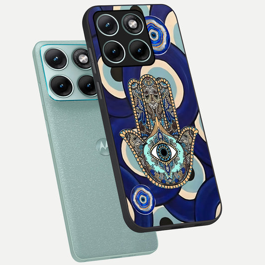  Hamsa Divine Guard phone case For Moto Edge 70 Fusion showing premium glass back cover with detailed artwork