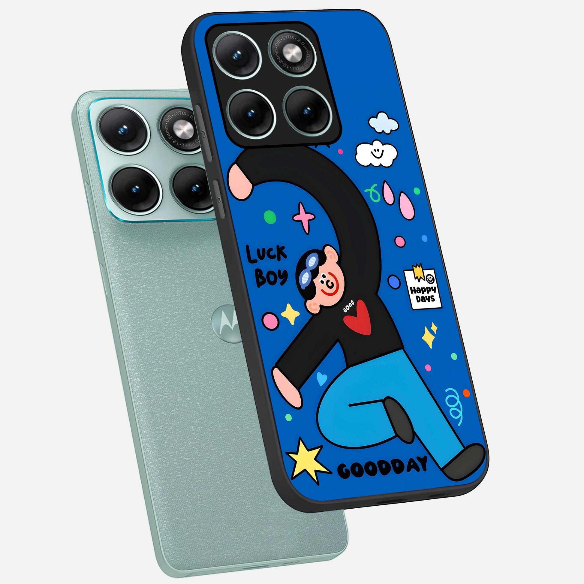  Happy Luck Vibe phone case For Moto Edge 70 Fusion showing premium glass back cover with detailed artwork