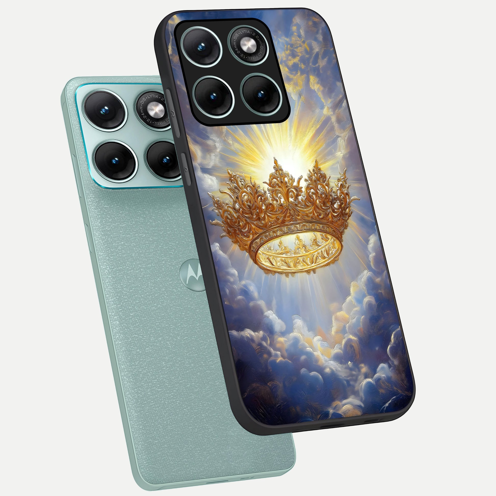  Heavenly Crown Light phone case For Moto Edge 70 Fusion showing premium glass back cover with detailed artwork