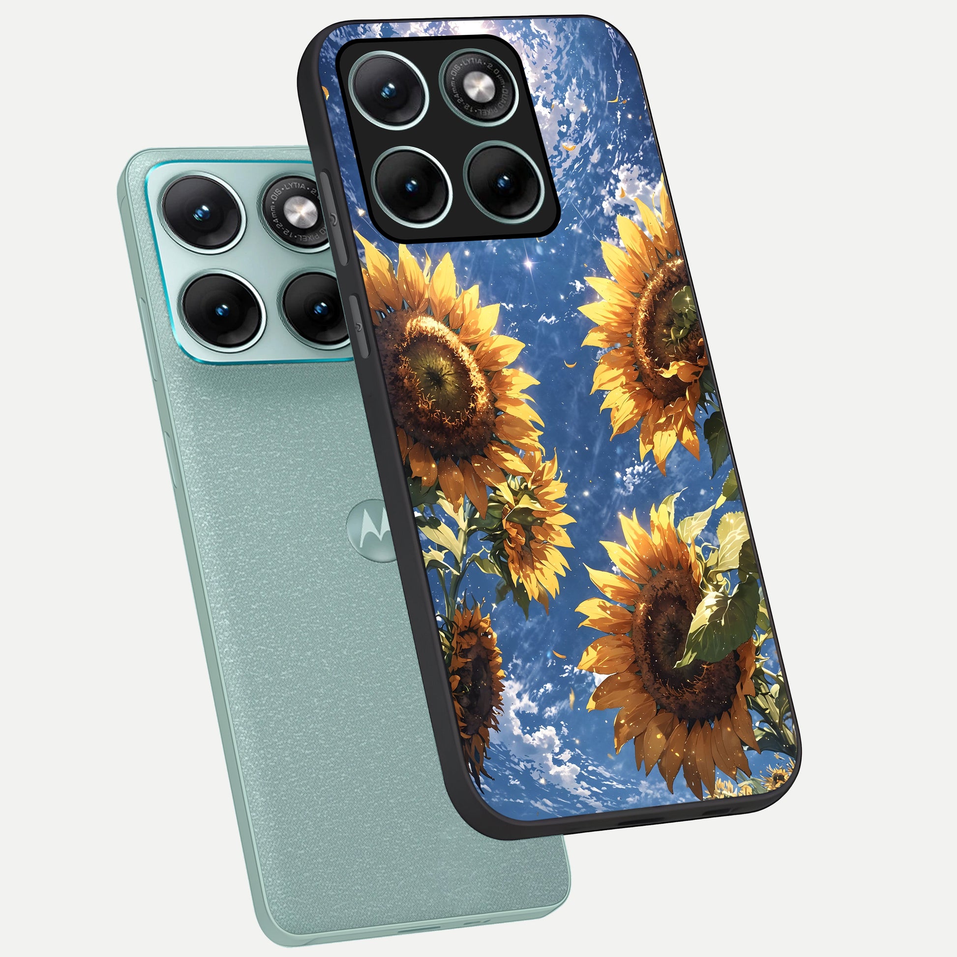  Heavenly Sunflower Rise phone case For Moto Edge 70 Fusion showing premium glass back cover with detailed artwork