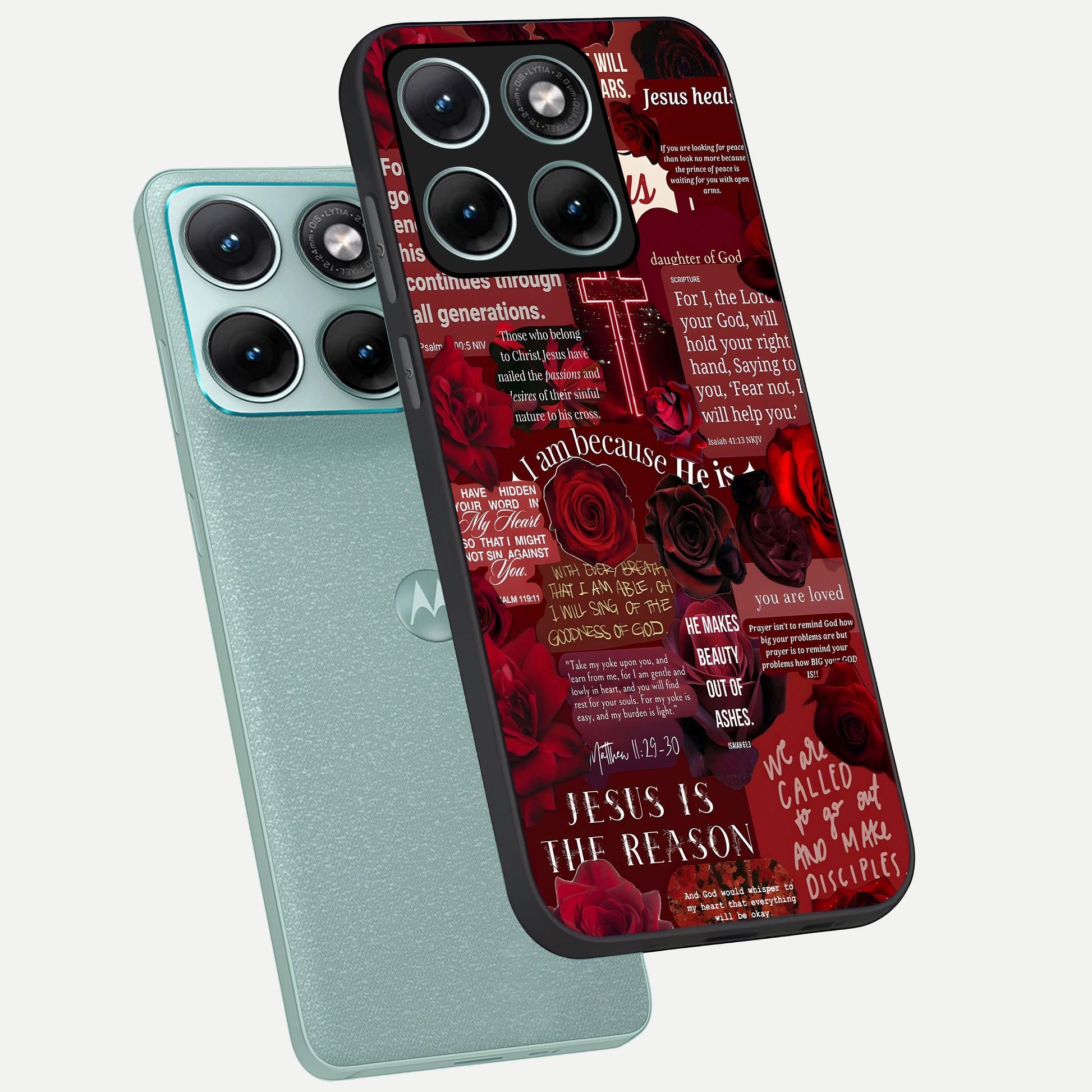  Jesus Love Heals phone case For Moto Edge 70 Fusion showing premium glass back cover with detailed artwork