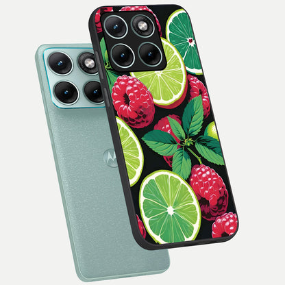  Lime and Raspberry Pattern phone case For Moto Edge 70 Fusion showing premium glass back cover with detailed artwork