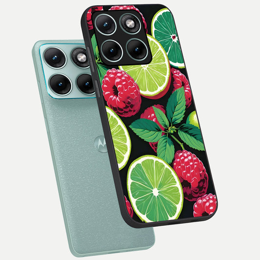  Lime and Raspberry Pattern phone case For Moto Edge 70 Fusion showing premium glass back cover with detailed artwork