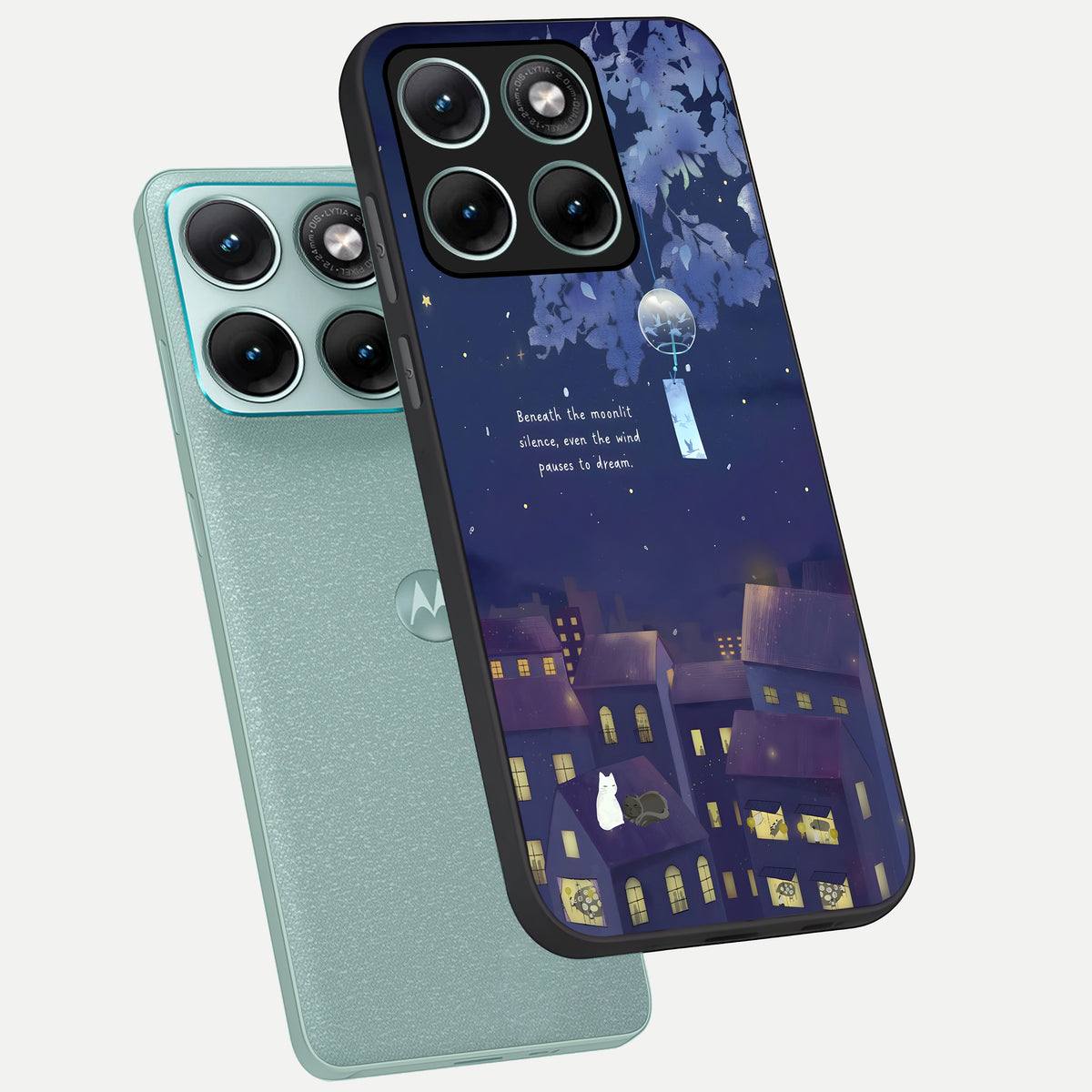  Moonlit Cat Silence phone case For Moto Edge 70 Fusion showing premium glass back cover with detailed artwork