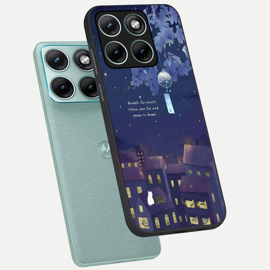  Moonlit Cat Silence phone case For Moto Edge 70 Fusion showing premium glass back cover with detailed artwork