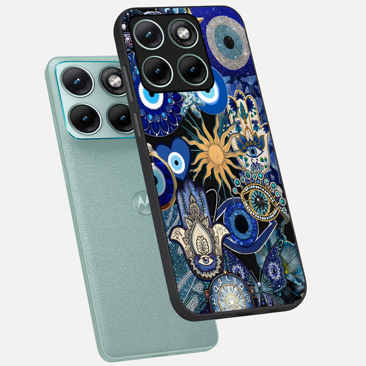  Mystic Blue Evil Eye phone case For Moto Edge 70 Fusion showing premium glass back cover with detailed artwork