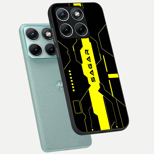  Neon CYBERPUNK Custom Name phone case For Moto Edge 70 Fusion showing premium glass back cover with detailed artwork