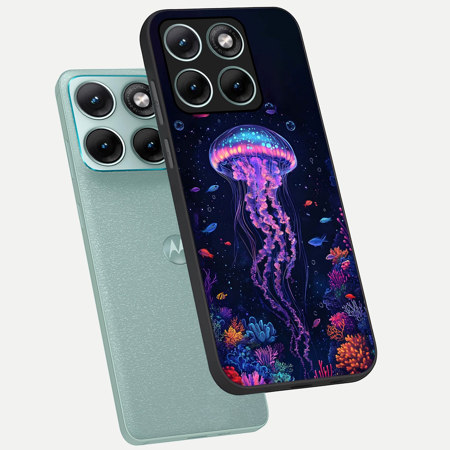  Neon Jellyfish phone case For Moto Edge 70 Fusion showing premium glass back cover with detailed artwork